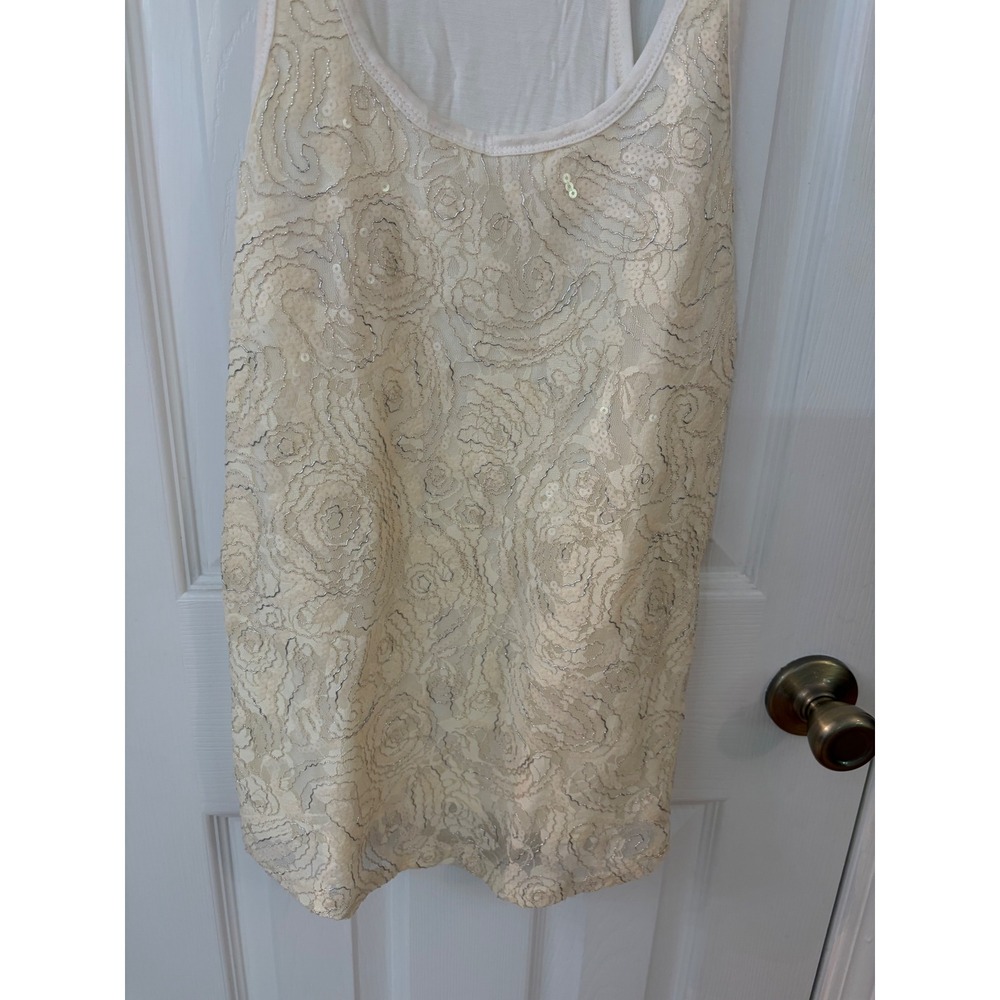 BKE Boutique Tank Top Women Medium Cream Lace Floral Sequin Racerback Scoop Neck - Picture 3 of 4